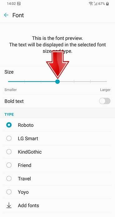 LG Stylo 5 Font size